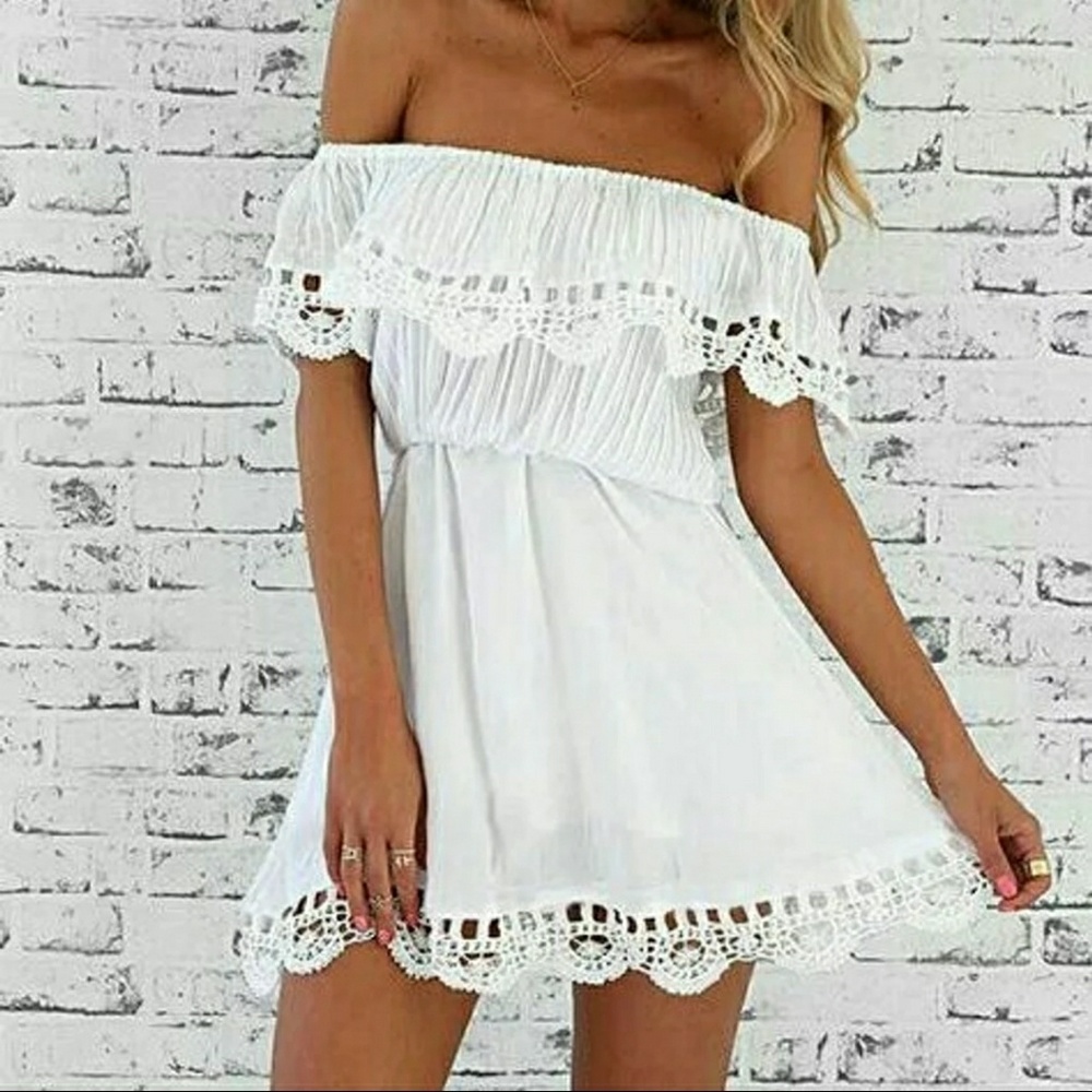 White Lace Trim Off The  Shoulder Summer Sun Dress
